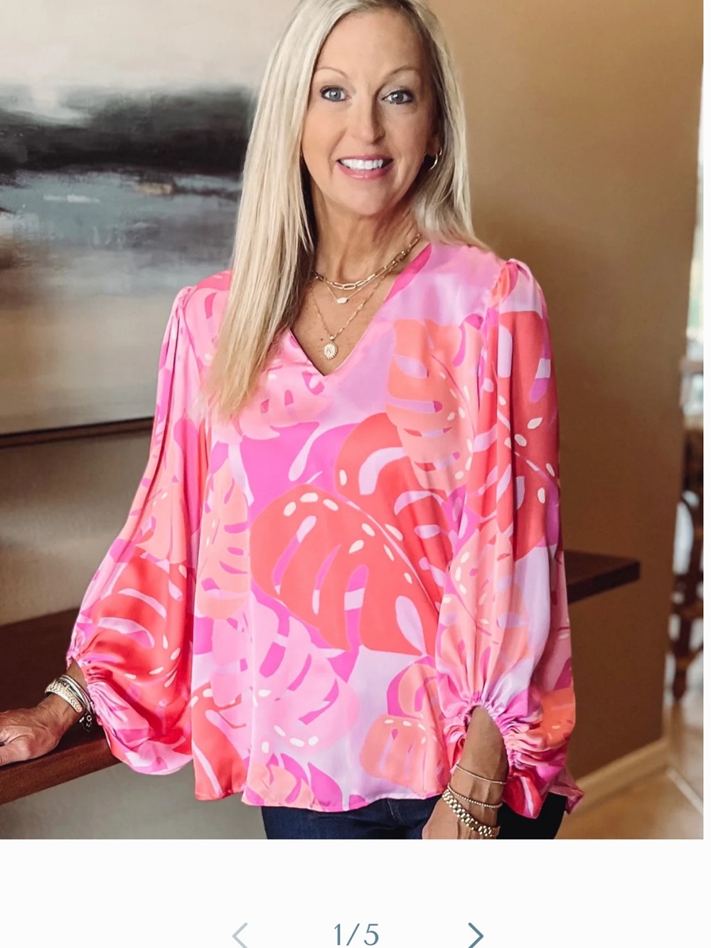 Adrienne Pink & Coral Printed V-Neck Balloon Sleeve Blouse